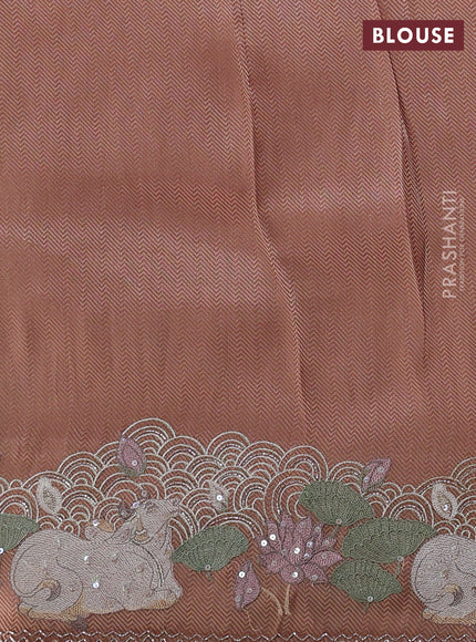 Banarasi silk saree peach shade with allover zari weaves & sequin work and embroidery border