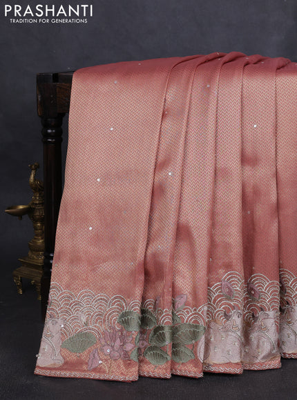 Banarasi silk saree peach shade with allover zari weaves & sequin work and embroidery border