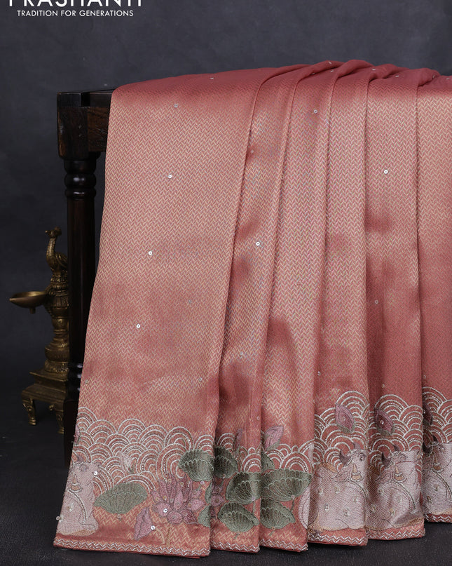 Banarasi silk saree peach shade with allover zari weaves & sequin work and embroidery border