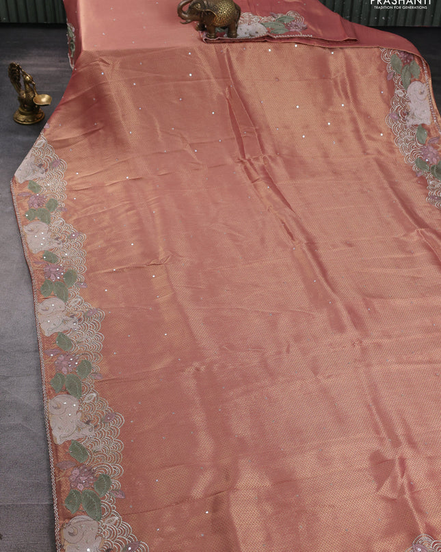 Banarasi silk saree peach shade with allover zari weaves & sequin work and embroidery border
