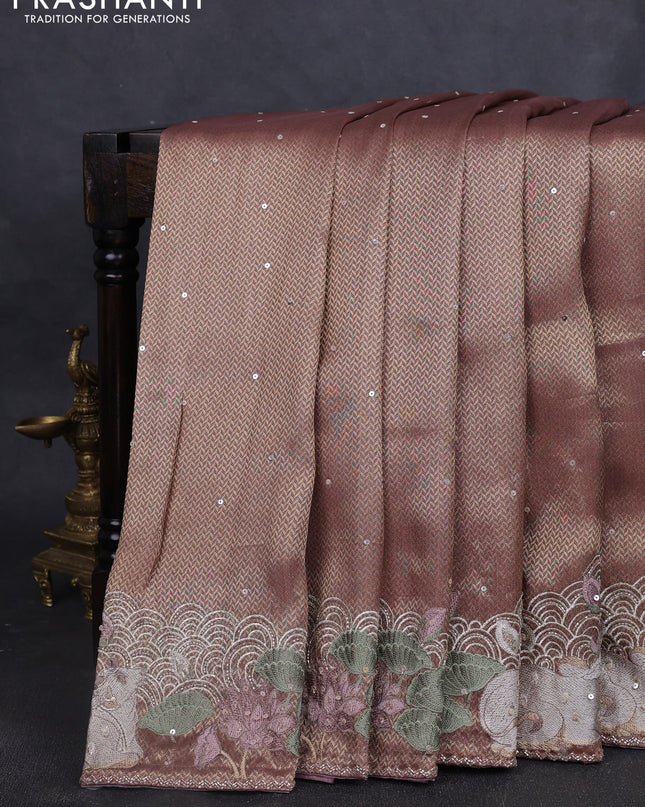 Banarasi silk saree rosy brown with allover zari weaves & sequin work and embroidery border
