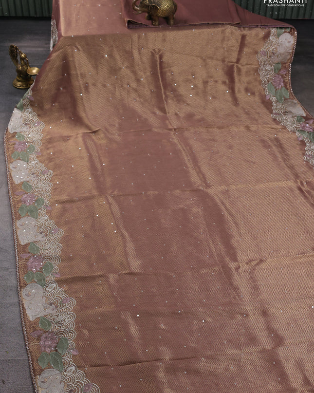Banarasi silk saree rosy brown with allover zari weaves & sequin work and embroidery border