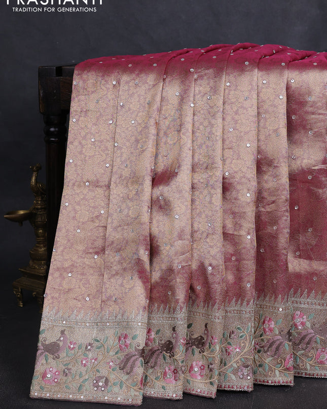 Banarasi silk saree pink with allover zari weaves & sequin work and embroidery border