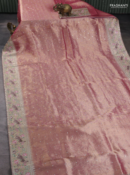Banarasi silk saree pink with allover zari weaves & sequin work and embroidery border