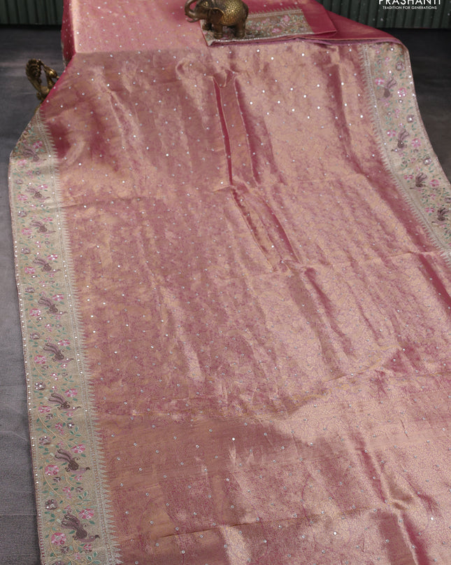 Banarasi silk saree pink with allover zari weaves & sequin work and embroidery border