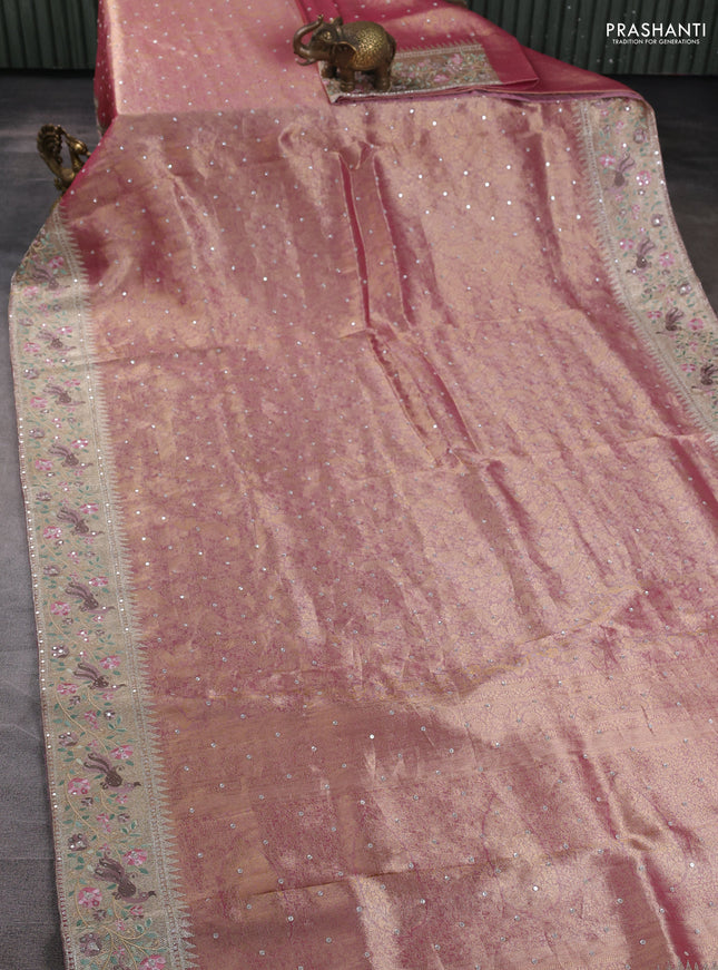 Banarasi silk saree pink with allover zari weaves & sequin work and embroidery border