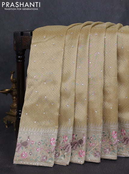 Banarasi silk saree pale yellow with self emboss & sequin work and embroidery border