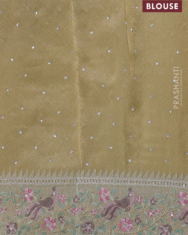 Banarasi silk saree pale yellow with self emboss & sequin work and embroidery border