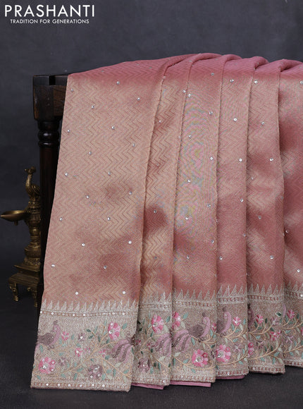 Banarasi silk saree peach pink with self emboss & sequin work and embroidery border