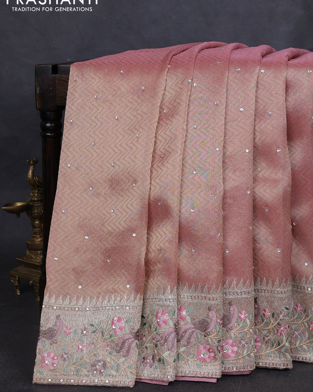 Banarasi silk saree peach pink with self emboss & sequin work and embroidery border