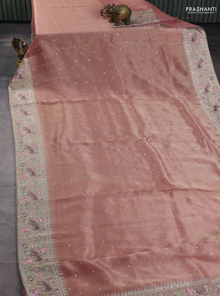 Banarasi silk saree peach pink with self emboss & sequin work and embroidery border