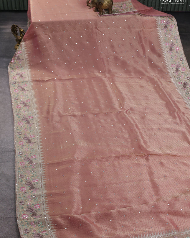 Banarasi silk saree peach pink with self emboss & sequin work and embroidery border