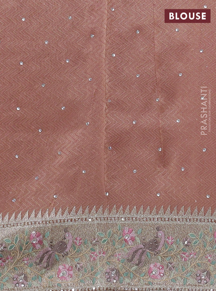 Banarasi silk saree peach pink with self emboss & sequin work and embroidery border