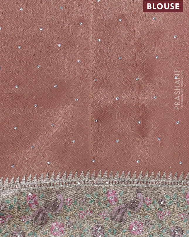 Banarasi silk saree peach pink with self emboss & sequin work and embroidery border