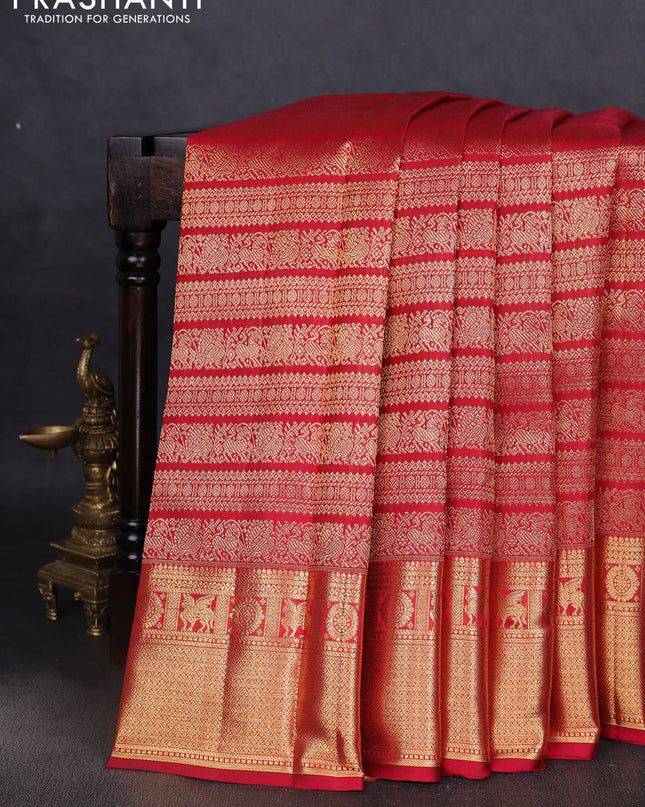 Pure kanchipuram silk saree maroon with allover zari woven broacade pattern and long zari woven border