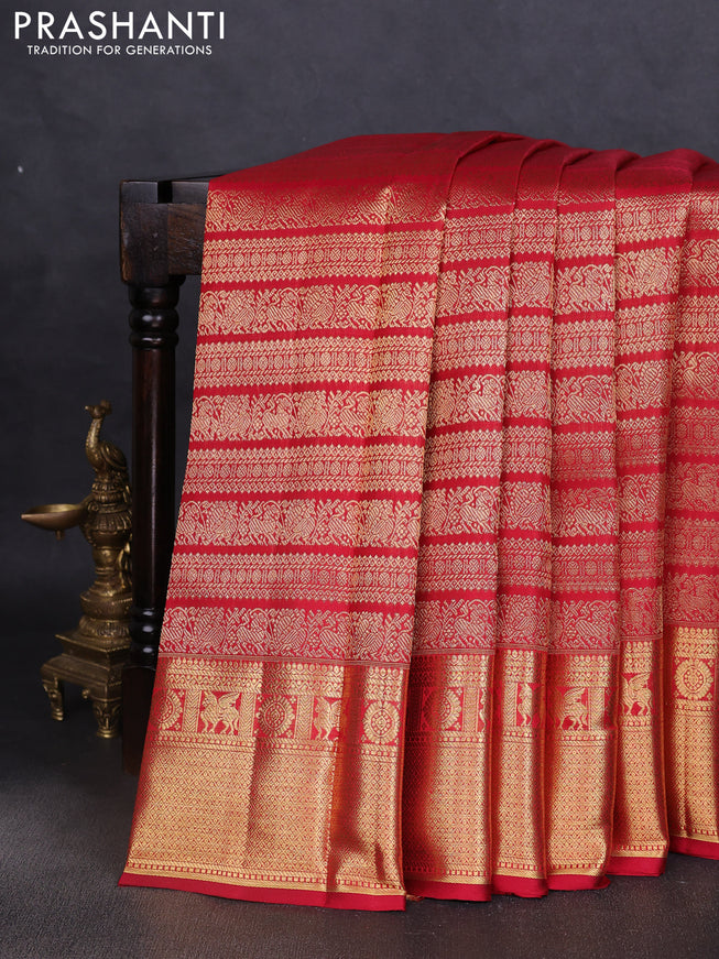Pure kanchipuram silk saree maroon with allover zari woven broacade pattern and long zari woven border