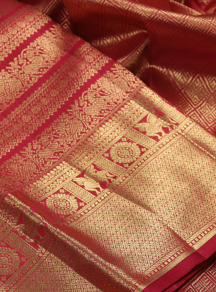 Pure kanchipuram silk saree maroon with allover zari woven broacade pattern and long zari woven border