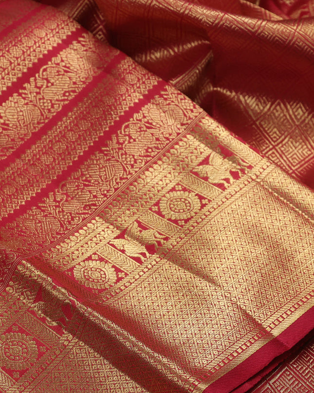 Pure kanchipuram silk saree maroon with allover zari woven broacade pattern and long zari woven border
