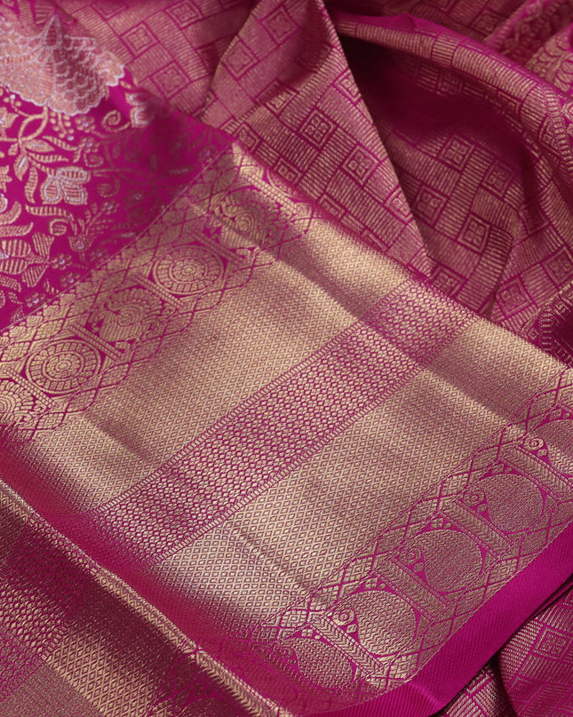 Pure kanchipuram silk saree pink with allover zari woven broacade pattern and zari woven border