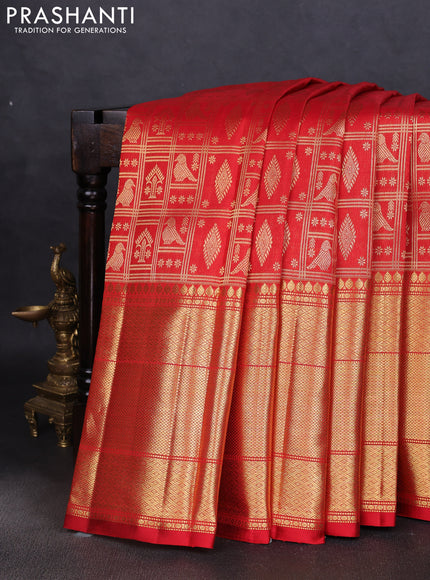 Pure kanchipuram silk saree red with allover zari checks & buttas and long zari woven border