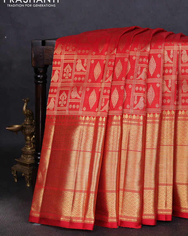 Pure kanchipuram silk saree red with allover zari checks & buttas and long zari woven border
