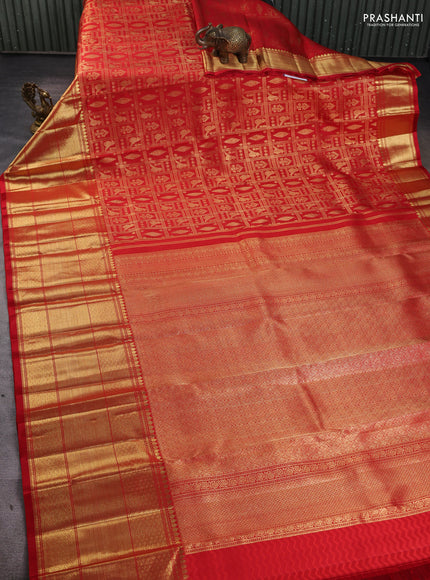 Pure kanchipuram silk saree red with allover zari checks & buttas and long zari woven border