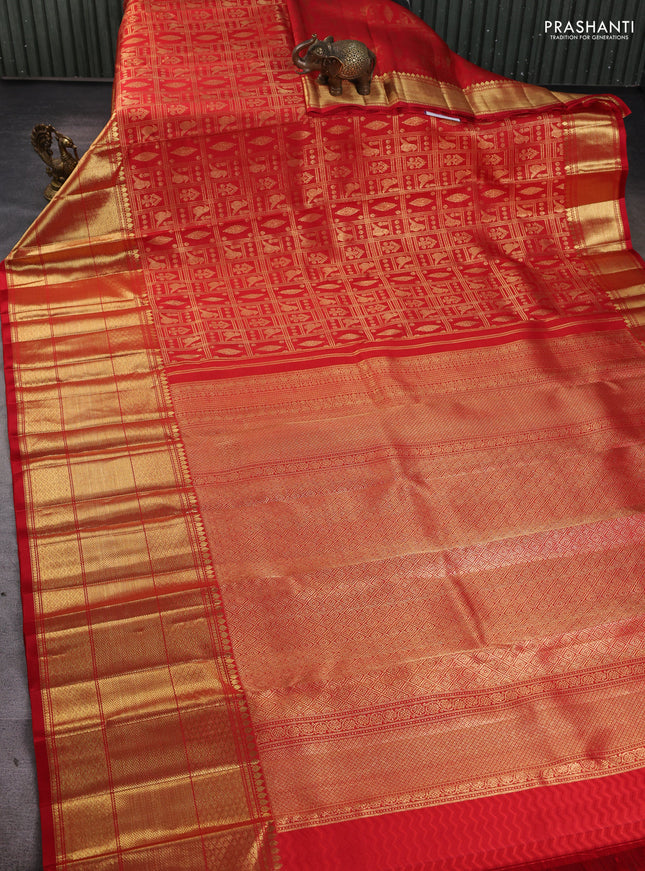 Pure kanchipuram silk saree red with allover zari checks & buttas and long zari woven border