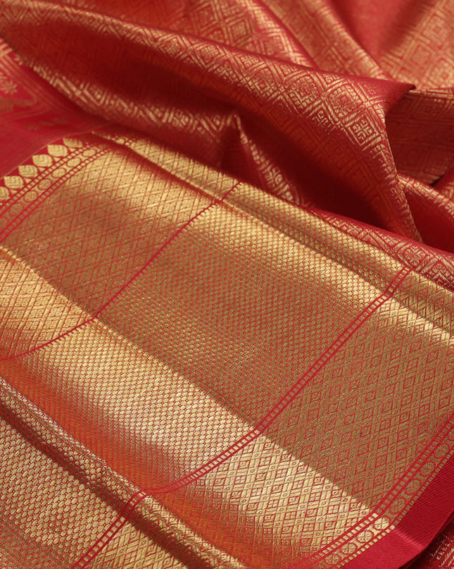 Pure kanchipuram silk saree red with allover zari checks & buttas and long zari woven border