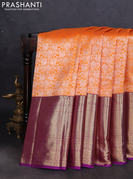 Pure kanchipuram silk saree purple with allover silver zari brocade weaves and long zari woven border