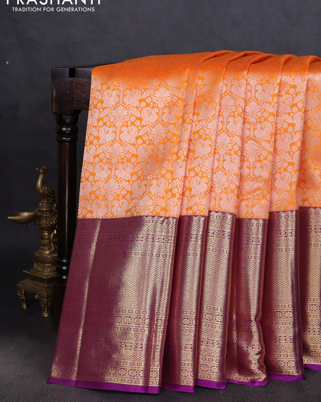 Pure kanchipuram silk saree purple with allover silver zari brocade weaves and long zari woven border