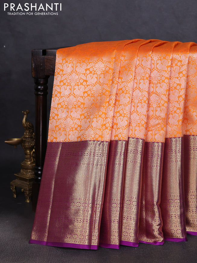 Pure kanchipuram silk saree purple with allover silver zari brocade weaves and long zari woven border