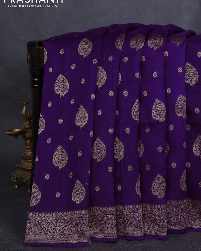 Banarasi semi raw silk saree violet with woven buttas and woven border