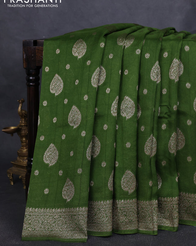 Banarasi semi raw silk saree green with woven buttas and woven border