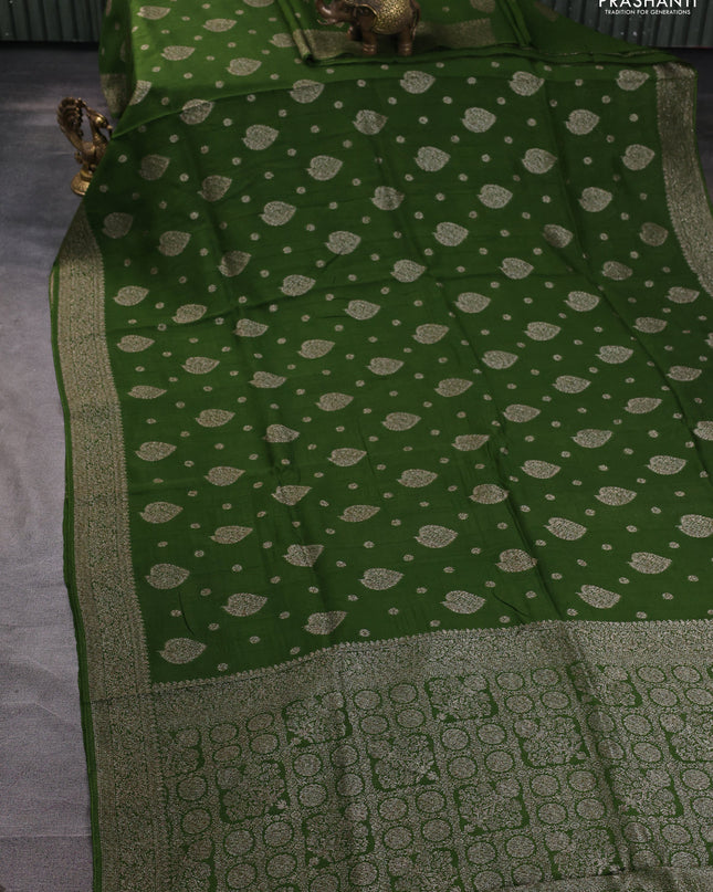 Banarasi semi raw silk saree green with woven buttas and woven border
