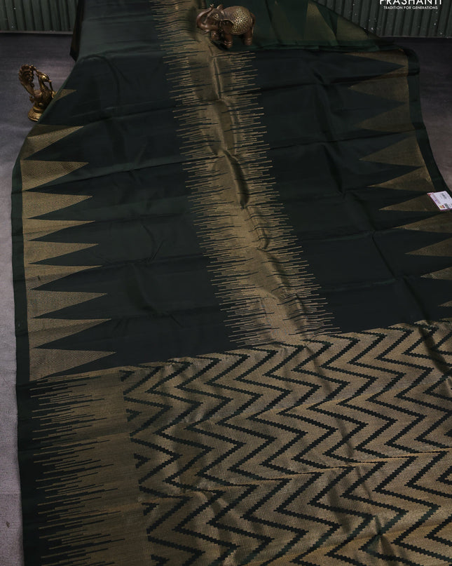 Pure soft silk saree bottle green with zari weaves and temple design zari border