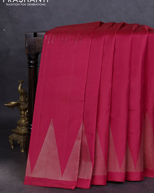 Pure soft silk saree dual shade of pinkish orange with zari weaves and temple design zari border