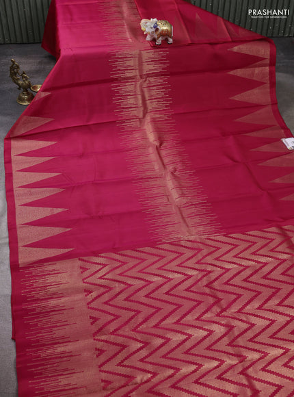 Pure soft silk saree dual shade of pinkish orange with zari weaves and temple design zari border