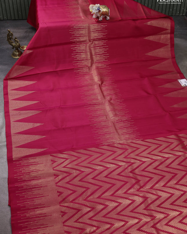 Pure soft silk saree dual shade of pinkish orange with zari weaves and temple design zari border