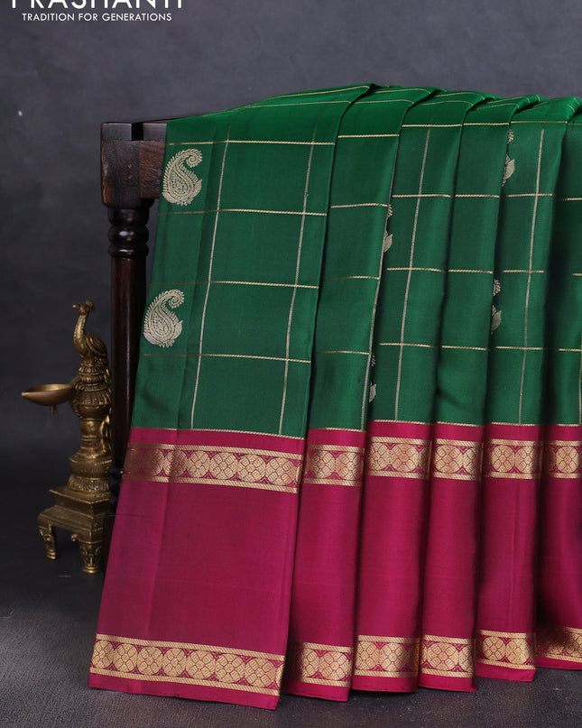 Pure soft silk saree green and magenta pink with allover zari checks & buttas and rettapet zari woven border