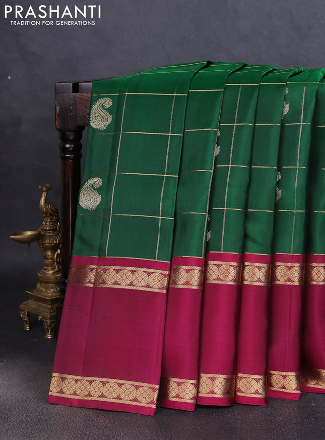 Pure soft silk saree green and magenta pink with allover zari checks & buttas and rettapet zari woven border