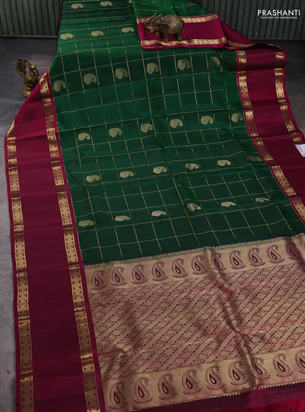 Pure soft silk saree green and magenta pink with allover zari checks & buttas and rettapet zari woven border