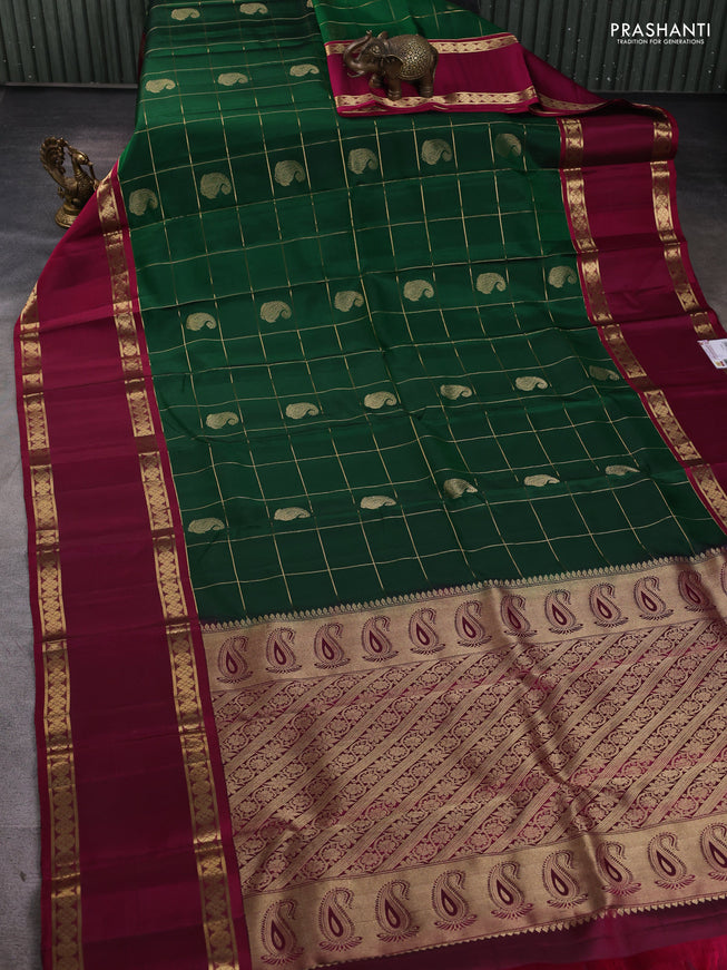 Pure soft silk saree green and magenta pink with allover zari checks & buttas and rettapet zari woven border
