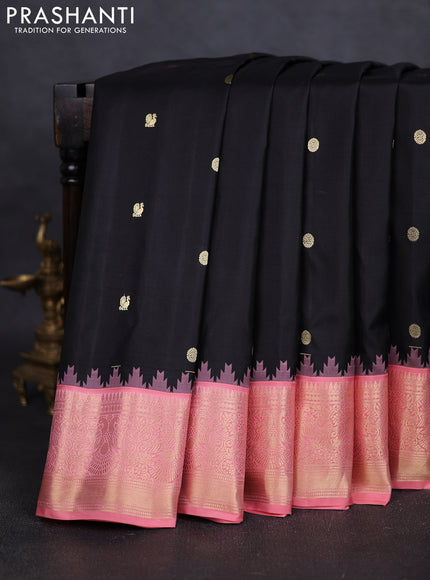 Pure gadwal silk saree black and peach pink with zari woven buttas and temple design zari woven border