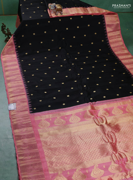 Pure gadwal silk saree black and peach pink with zari woven buttas and temple design zari woven border