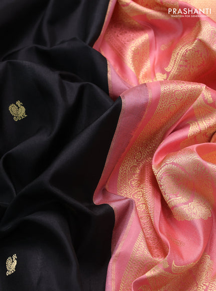 Pure gadwal silk saree black and peach pink with zari woven buttas and temple design zari woven border