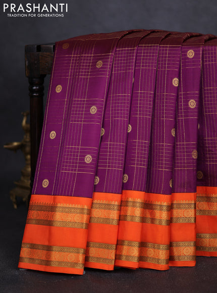 Pure gadwal silk saree purple and orange with allover zari checks & buttas and rettapet zari woven border