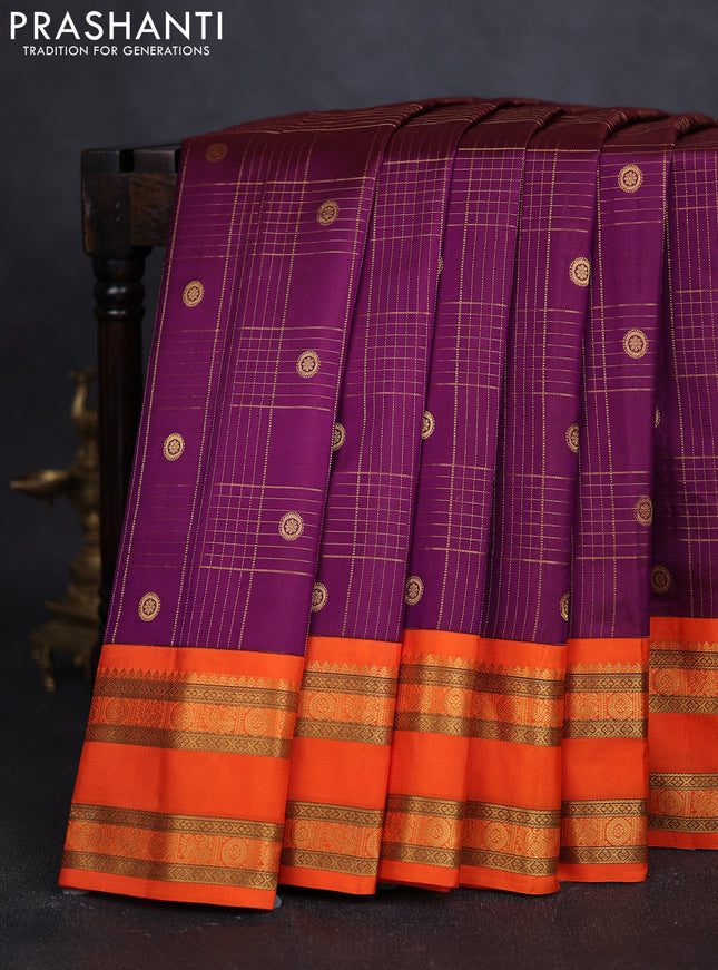 Pure gadwal silk saree purple and orange with allover zari checks & buttas and rettapet zari woven border