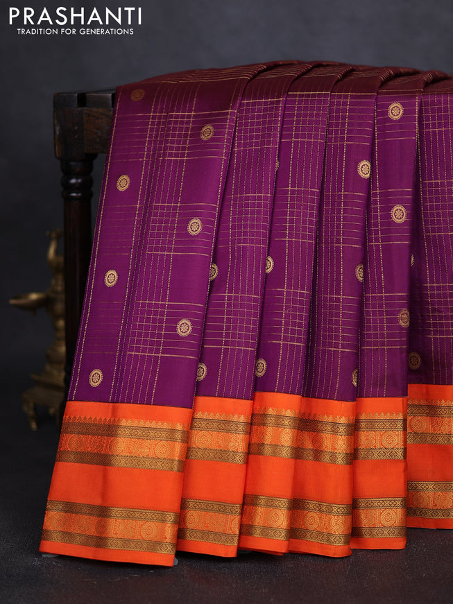 Pure gadwal silk saree purple and orange with allover zari checks & buttas and rettapet zari woven border