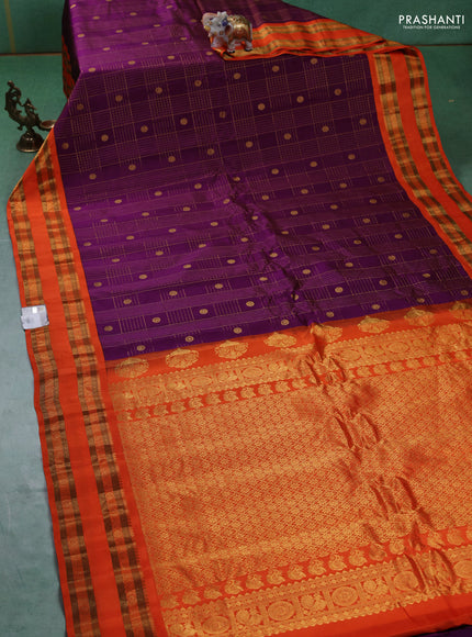 Pure gadwal silk saree purple and orange with allover zari checks & buttas and rettapet zari woven border