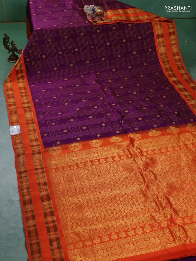 Pure gadwal silk saree purple and orange with allover zari checks & buttas and rettapet zari woven border